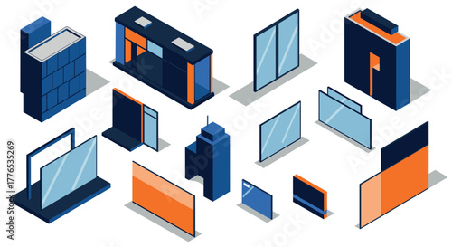 Modern isometric architectural structures and facades featuring geometric designs in blue and orange tones