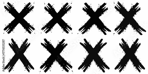 Eight black abstract brush stroke x marks arranged in two rows on a white background