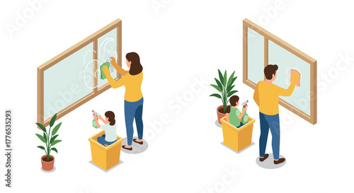 Isometric family window cleaning scene with plants and cleaning supplies