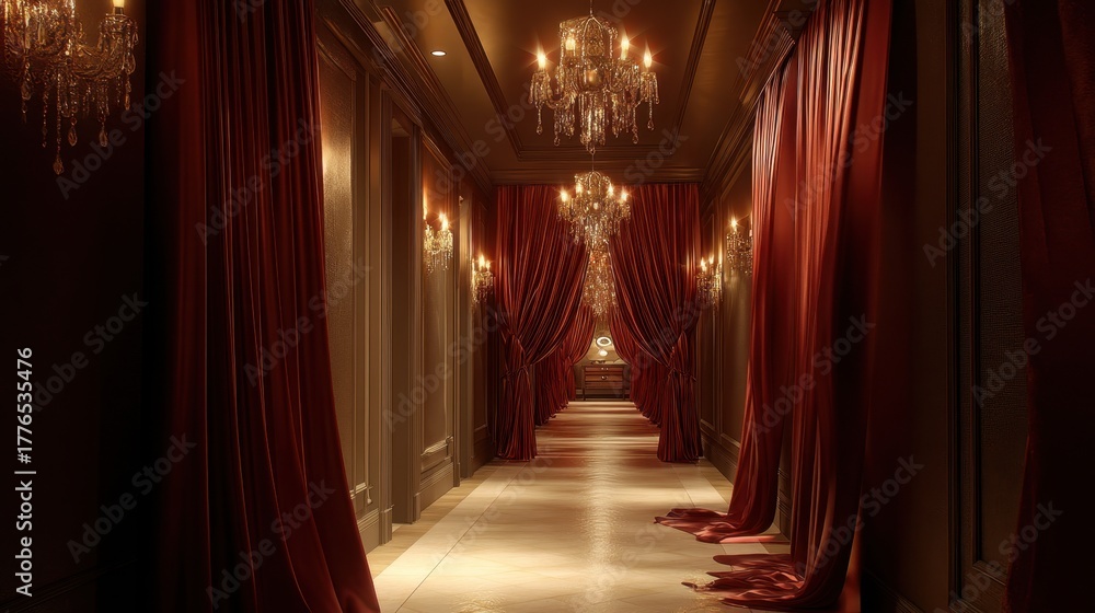Fototapeta premium Luxurious hallway interior with red velvet curtains and glittering crystal chandeliers, creating elegant and exclusive atmosphere for hospitality design.