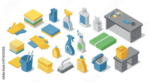 Comprehensive set of isometric cleaning supplies for modern home and office maintenance