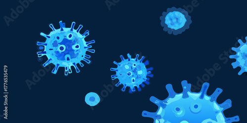 Abstract illustration of glowing blue virus particles floating in dark blue space representing a pandemic