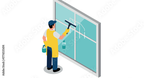 Isometric window cleaner in action with equipment and tools on glass surface