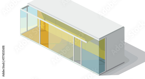 Modern isometric glass building with colorful panels and sliding door