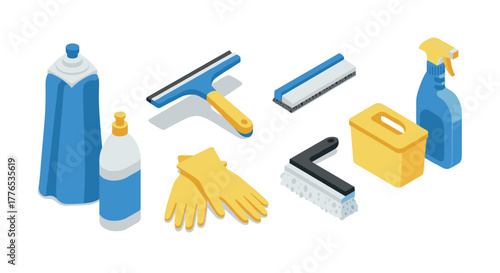 Essential cleaning supplies set in isometric style for home organization and hygiene
