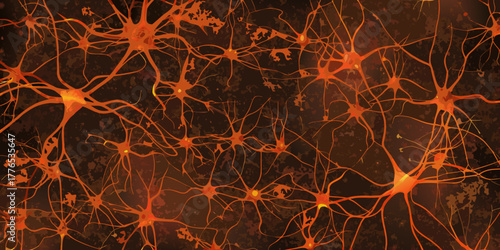 Abstract illustration of interconnected neurons in a vibrant orange and dark brown color palette