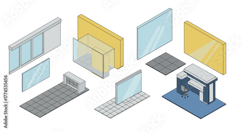 Modern isometric office floor plans with windows and partitions