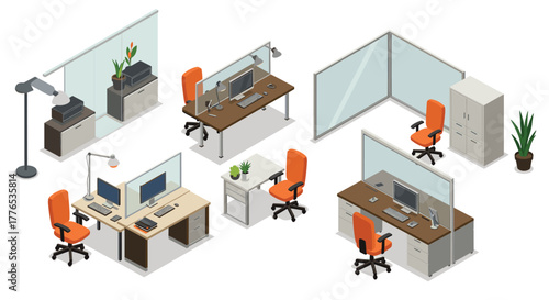 Modern office workspace in isometric style with desks and chairs