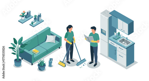 Modern home cleaning concept with isometric furniture and characters