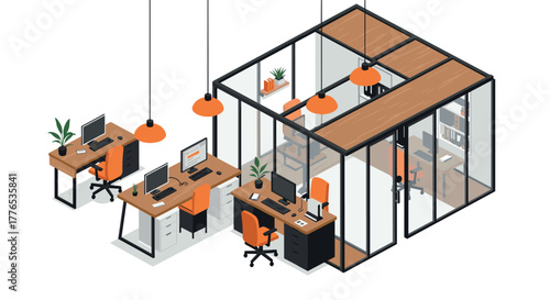 Isometric modern office workspace with glass partitions and orange accents