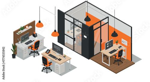 Modern isometric office workspace design with open and private workstations