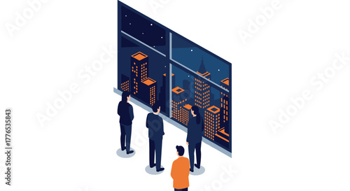 Business team observing urban nightscape through office window in isometric design