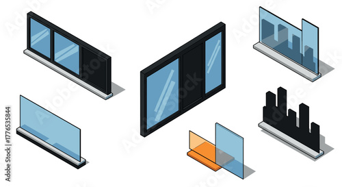Isometric sliding glass doors and cityscape panels for modern architecture design
