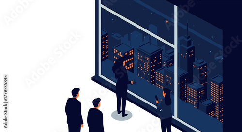 Night cityscape through office window with business professionals in modern isometric design