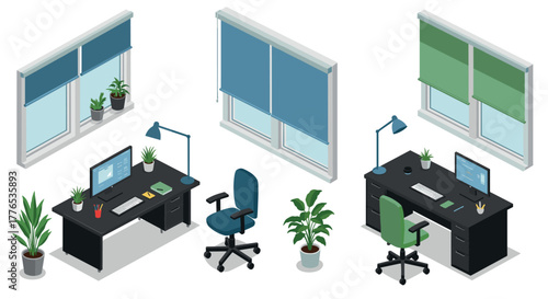 Modern office workspace with isometric desks, computers, and plants