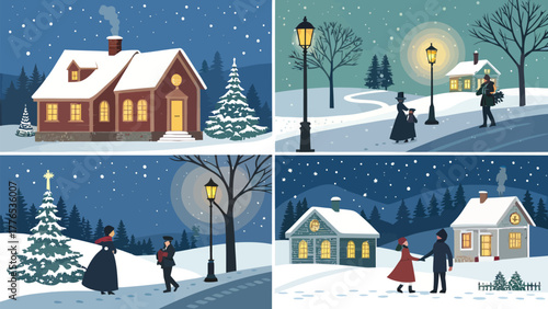Charming winter village scenes with cozy houses and people, a festive silhouette collection