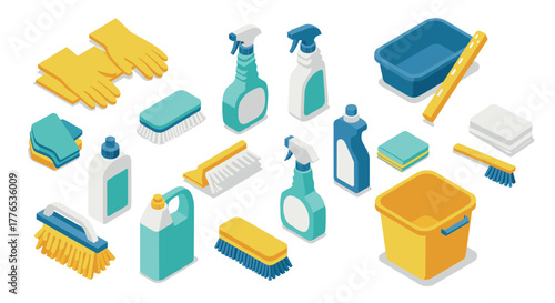 Isometric cleaning supplies in vibrant colors for home maintenance and organization