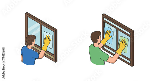 Isometric window cleaning with gloved hands a stepbystep illustration