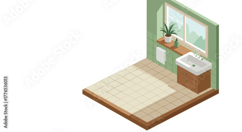Isometric modern bathroom corner with plants and sink