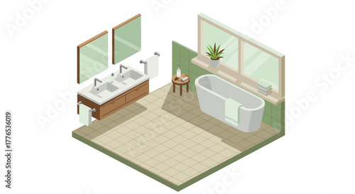 Modern isometric bathroom interior with double sink and freestanding tub