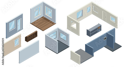 Modern isometric interior elements with modular design for creative room planning