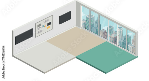 Modern office room with large windows and cityscape view in isometric style