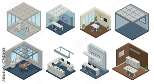 Modern isometric office interiors set with minimalist designs and furniture