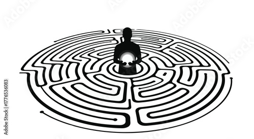 Silhouette of a person holding a glowing orb at the center of a circular maze, symbolizing finding a solution or enlightenment.