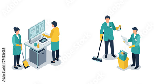 Hospital cleaning staff in protective gear engaged in sanitizing tasks