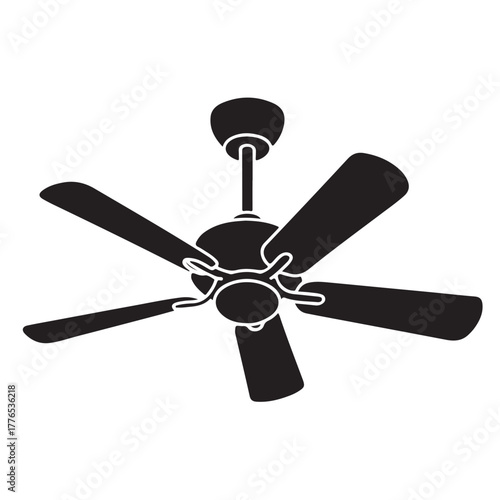 Silhouette of a ceiling fan isolated on white background, a common fixture for cooling and air circulation in homes