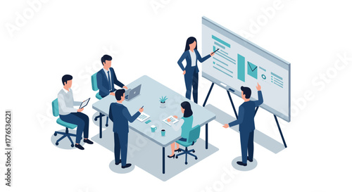 Isometric office meeting team collaboration and presentation in a modern workspace