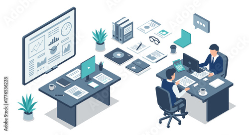 Modern office space isometric design with business professionals collaborating at workspace