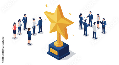 Teamwork recognition with employees celebrating around a golden star trophy in isometric design