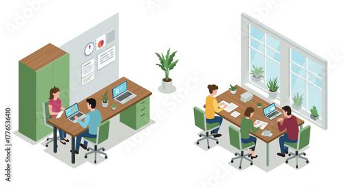 Modern office workspace isometric design with team collaboration and meeting areas