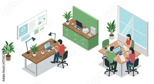 Modern office workspace with people working in isometric style design