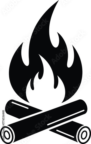 Simple black campfire icon with burning flames and crossed logs, ideal for outdoor and camping designs.