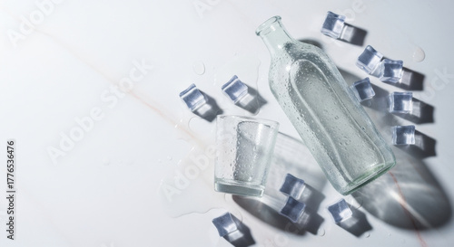 Refreshing Hydration Cold Drink Glass Bottle Ice Cubes on White Surface: Freshness Concept