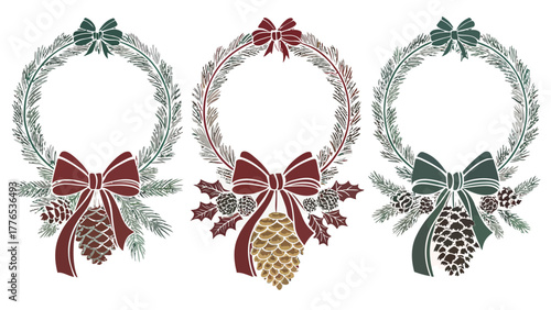 Festive Christmas wreath silhouettes with pinecones and bows, perfect for holiday designs