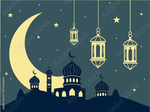 Ramadan lantern hanging under crescent moon and stars at night Islamic holiday, Arabic celebration, religion mosque muslim, concept holiday fast