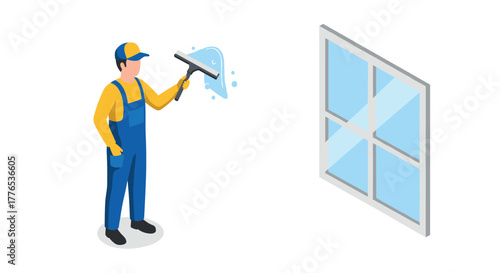 Professional window cleaner in blue overalls using squeegee on glass pane