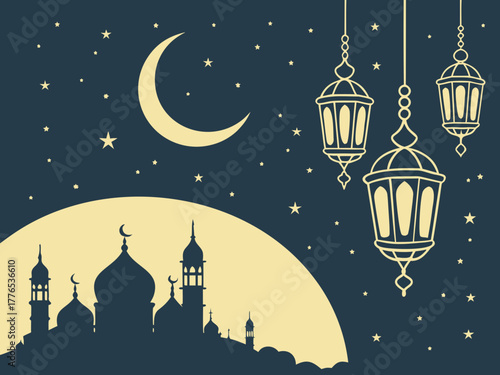 Ramadan lantern hanging under crescent moon and stars at night Islamic holiday, Arabic celebration, religion mosque muslim, concept holiday fast
