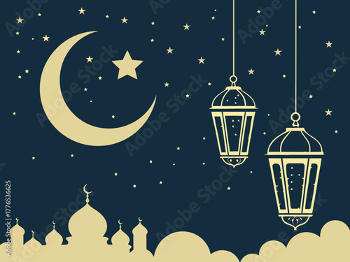 Ramadan lantern hanging under crescent moon and stars at night Islamic holiday, Arabic celebration, religion mosque muslim, concept holiday fast