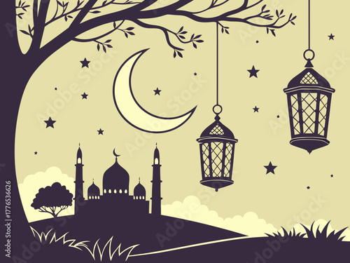 Ramadan lantern hanging under crescent moon and stars at night Islamic holiday, Arabic celebration, religion mosque muslim, concept holiday fast