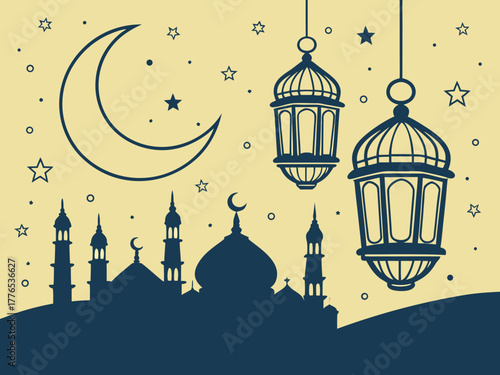 Ramadan lantern hanging under crescent moon and stars at night Islamic holiday, Arabic celebration, religion mosque muslim, concept holiday fast