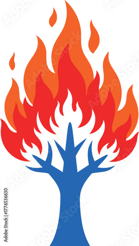 Stylized burning tree logo design with blue trunk and branches and vibrant orange-red flames icon