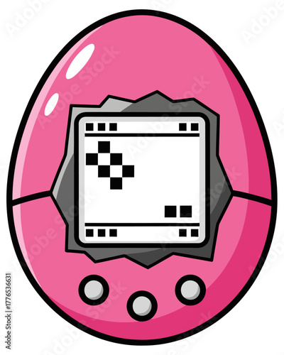 Nostalgic pink digital handheld device for interactive virtual pet simulation, featuring a retro pixelated display and classic button interface
