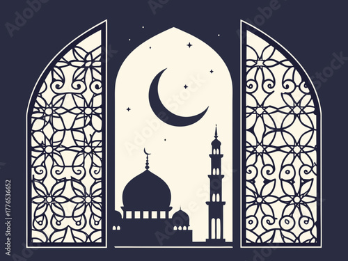 Ramadan lantern hanging under crescent moon and stars at night Islamic holiday, Arabic celebration, religion mosque muslim, concept holiday fast