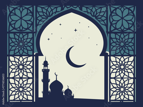 Ramadan lantern hanging under crescent moon and stars at night Islamic holiday, Arabic celebration, religion mosque muslim, concept holiday fast