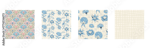 Floral indian chintz seamless pattern collection. Flower scallop aop endless backgrounds set. Chintz retro repeat cover. Fabric farmhouse design continuous ornament. Vector wildflower background.