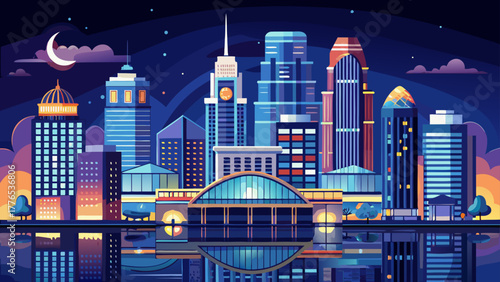 Very beautiful night skyline view of Louisville, Kentucky, USA, showcasing illuminated skyscrapers and reflections shimmering over the calm Ohio River, symbolizing the city’s urban charm and elegance.